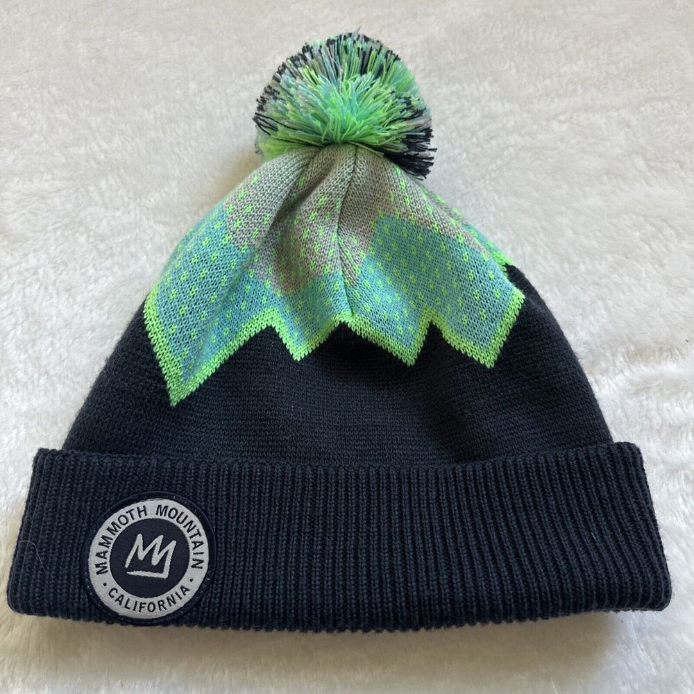 Mammoth Mountain Beanie Ski‎ Snow Winter Pom Hat Blue Gray "Let Fun Rule"